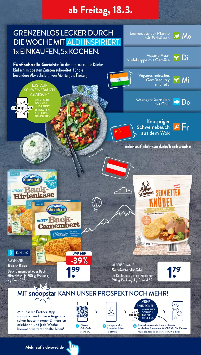 Aktueller Prospekt AldiSud - ALDI Aktuell - von 14.03 bis 19.03.2022 - strona 40 - produkty: aldi, Alpenhain, angebot, angebote, Bau, beutel, camembert, chili, curry, decke, eier, eis, elle, erdnüsse, erdnüssen, garnelen, Heu, hirtenkäse, kamera, Käse, Knödel, kochbeutel, küche, Maus, mit gemüse, nudel, orange, orangen, pfanne, reis, rezept, schwein, schweine, Schweinebauch, Serviette, servietten, suppe, Ti, tisch, Tofu, wein, weine, wok