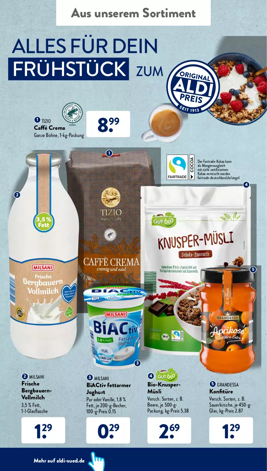 Aktueller Prospekt AldiSud - ALDI Aktuell - von 14.03 bis 19.03.2022 - strona 42 - produkty: aldi, auer, Bau, Bauer, Becher, beere, bio, bohne, caffè crema, eis, erde, flasche, glasflasche, grandessa, joghur, joghurt, kakao, kirsch, kirsche, Knuspermüsli, konfitüre, milch, müsli, reis, Ti, vanille, vollmilch