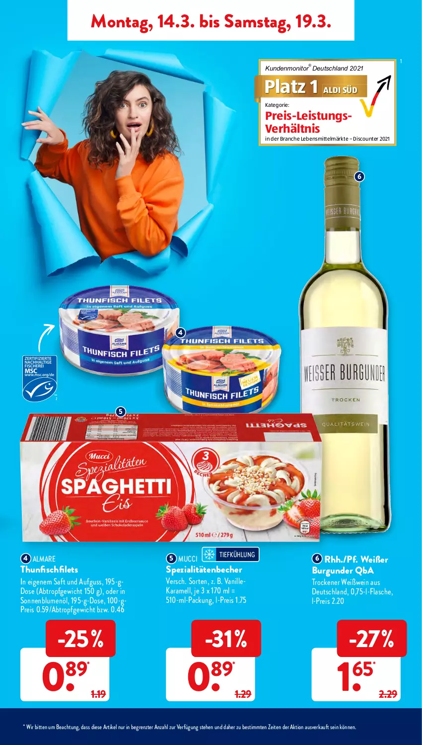 Aktueller Prospekt AldiSud - ALDI Aktuell - von 14.03 bis 19.03.2022 - strona 9 - produkty: aldi, almare, Becher, blume, blumen, blumenöl, burgunder, discount, eis, filet, filets, fisch, flasche, karamell, lebensmittel, monitor, reis, saft, sonnenblume, sonnenblumen, sonnenblumenöl, Spezi, thunfisch, Ti, vanille, wein, Weißwein, ZTE