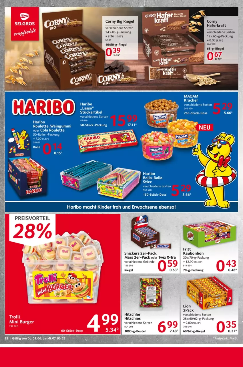 Aktueller Prospekt Selgros - Food - von 01.06 bis 07.06.2023 - strona 22 - produkty: ball, beutel, corny, eis, hafer, haribo, hitschler, kraft, lion, maoam, mars, oder twix, preisvorteil, reis, riegel, snickers, Ti, twix, wein