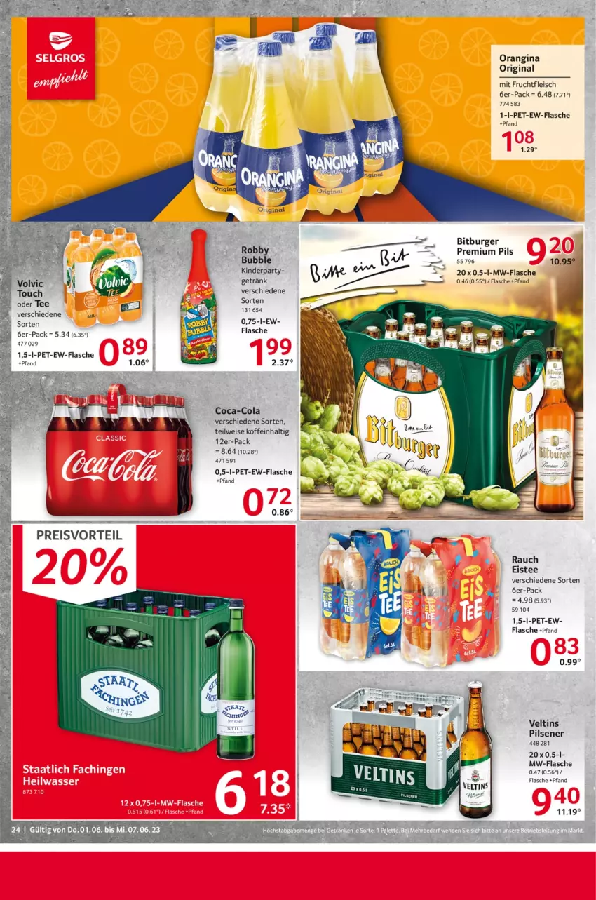 Aktueller Prospekt Selgros - Food - von 01.06 bis 07.06.2023 - strona 24 - produkty: bitburger, burger, coca-cola, cola, eis, eistee, flasche, fleisch, frucht, fruchtfleisch, getränk, gin, Kinder, mit frucht, mw-flasche, orangina, pils, pilsener, preisvorteil, premium pils, Rauch, reis, tee, Ti, veltins, veltins pilsener