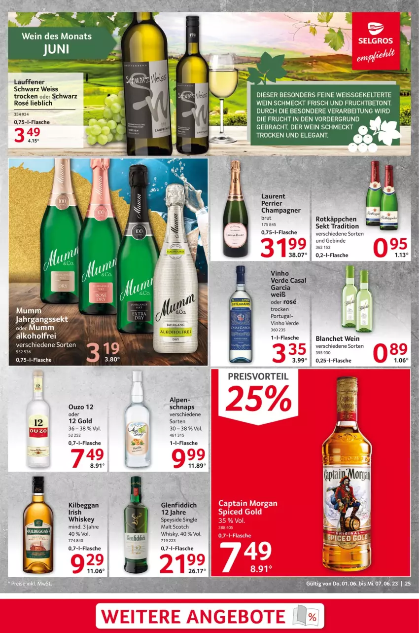 Aktueller Prospekt Selgros - Food - von 01.06 bis 07.06.2023 - strona 25 - produkty: alkohol, brut, champagne, champagner, eis, erde, flasche, frucht, kilbeggan, ouzo, ouzo 12, preisvorteil, reis, rotkäppchen, scotch, sekt, Ti, vinho verde, wein, whiskey, whisky
