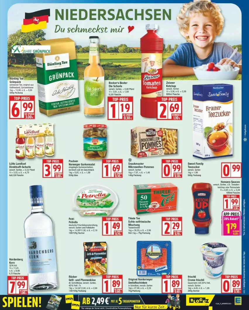 Aktueller Prospekt Edeka - Prospekte - von 09.06 bis 14.06.2025 - strona 11 - produkty: auer, Becher, braun, bünting tee, creme, direktsaft, elle, fisch, fische, flasche, frischkäse, frischkäsezubereitung, frischli, gin, grill, gurke, gurken, gurkensalat, Käse, ketchup, mac, mikrowelle, petrella, pfanne, pfannen, pfannenkäse, pommes, rel, rwe, saft, salat, Sauerrahm, schinken, schnittkäse, schorle, Seeluftschinken, snack, Sweet Family, tasse, tee, Ti, und pfanne, zucker