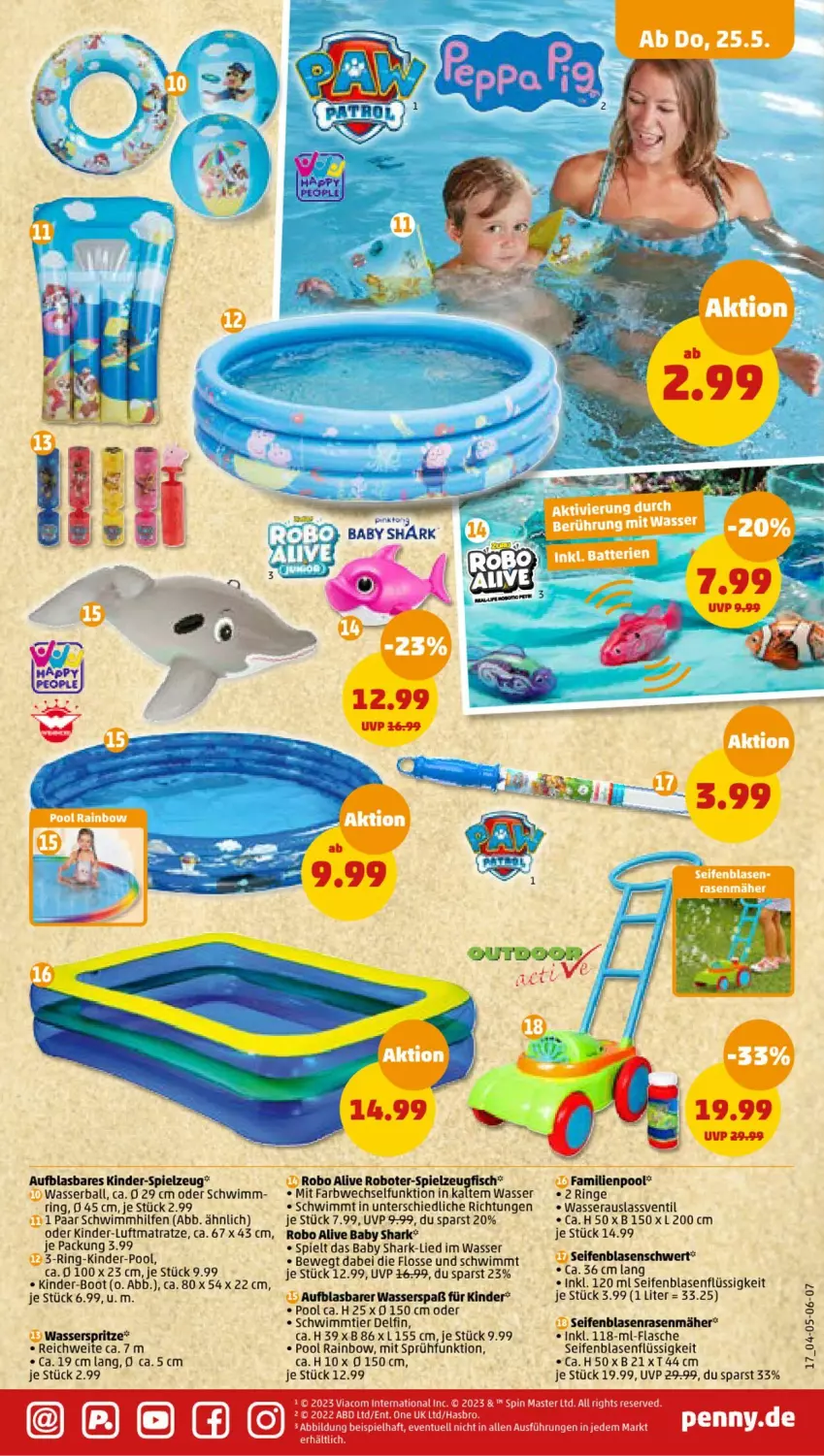 Aktueller Prospekt Penny - Prospekte - von 22.05 bis 27.05.2023 - strona 19 - produkty: ball, eis, fisch, flasche, Hasbro, Kinder, luftmatratze, matratze, pool, rasen, rasenmäher, ring, Seife, senf, spielzeug, Ti, wasser, Wasserball, Wasserspritze