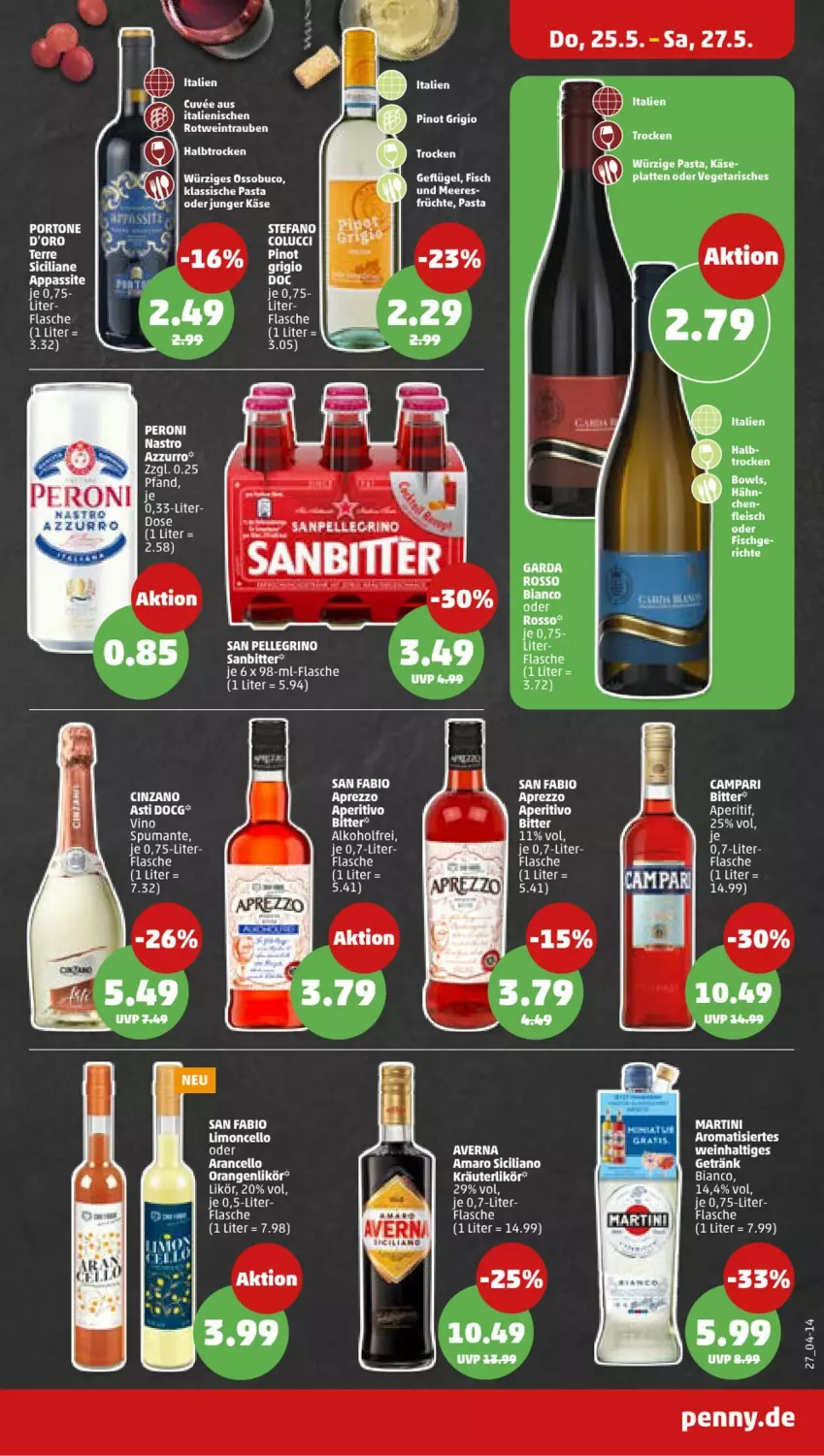 Aktueller Prospekt Penny - Prospekte - von 22.05 bis 27.05.2023 - strona 29 - produkty: amaro, aperitif, asti, bio, bio limo, campari, cin, cinzano, Cinzano Asti, elle, fisch, flasche, früchte, Geflügel, kräuter, kräuterlikör, latte, likör, limo, martini, orange, orangen, pasta, Peroni, puma, san pellegrino, spumante, Ti, trauben, Vegeta, Vino Spumante, wein