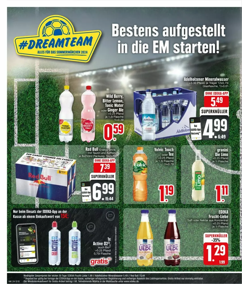 Aktueller Prospekt Edeka - Prospekte - von 10.06 bis 15.06.2024 - strona 12 - produkty: adelholzener, Alwa, angebot, cin, deka, flasche, frucht, glasflasche, Holz, LG, limo, mineralwasser, Nektar, rind, saft, tee, Ti, wasser