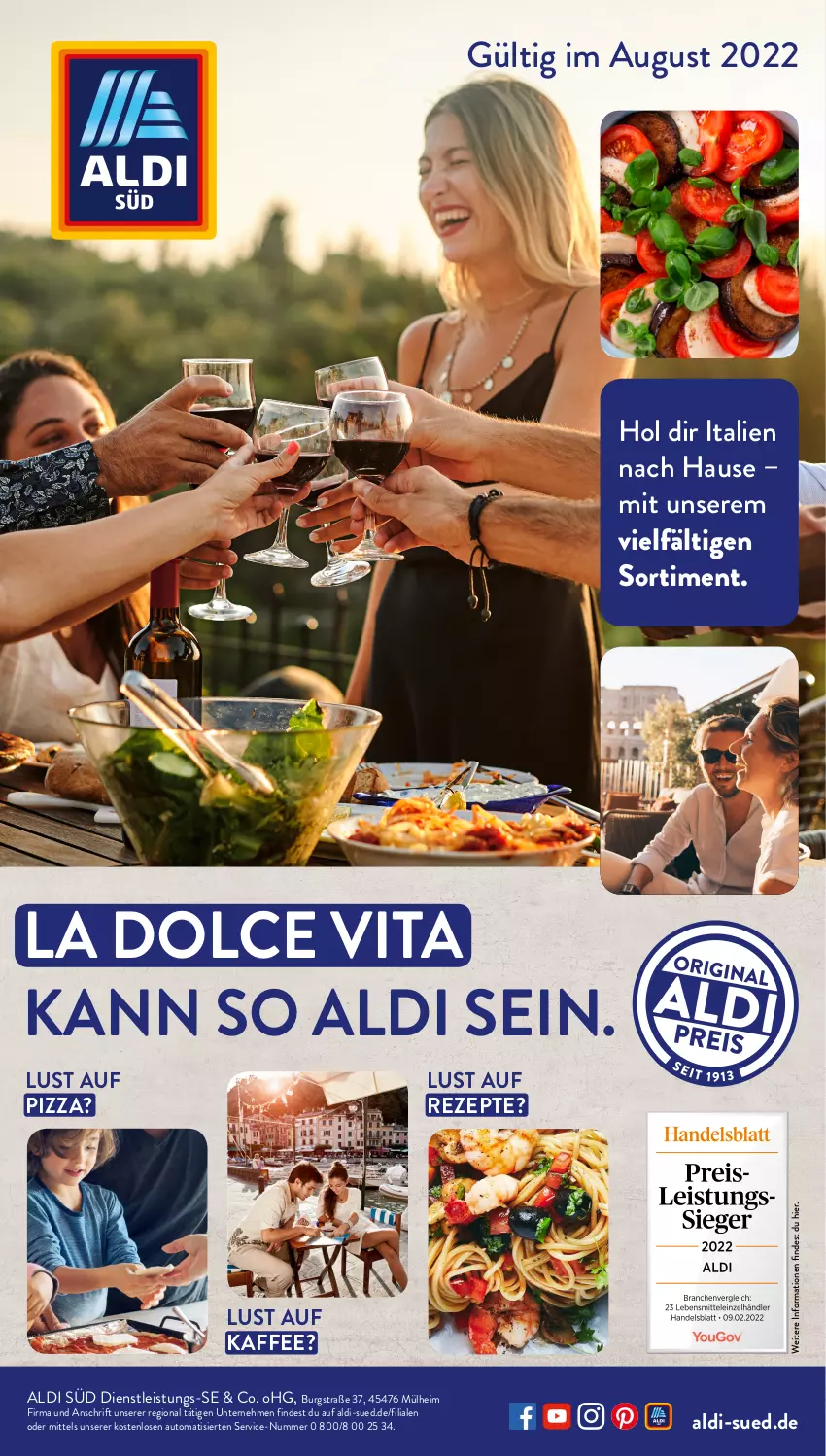 Aktueller Prospekt AldiSud - LA DOLCE VITA KANN SO ALDI SEIN. - von 01.08 bis 31.08.2022 - strona 1 - produkty: aldi, auto, eis, kaffee, pizza, rezept, rezepte, Ti, vita