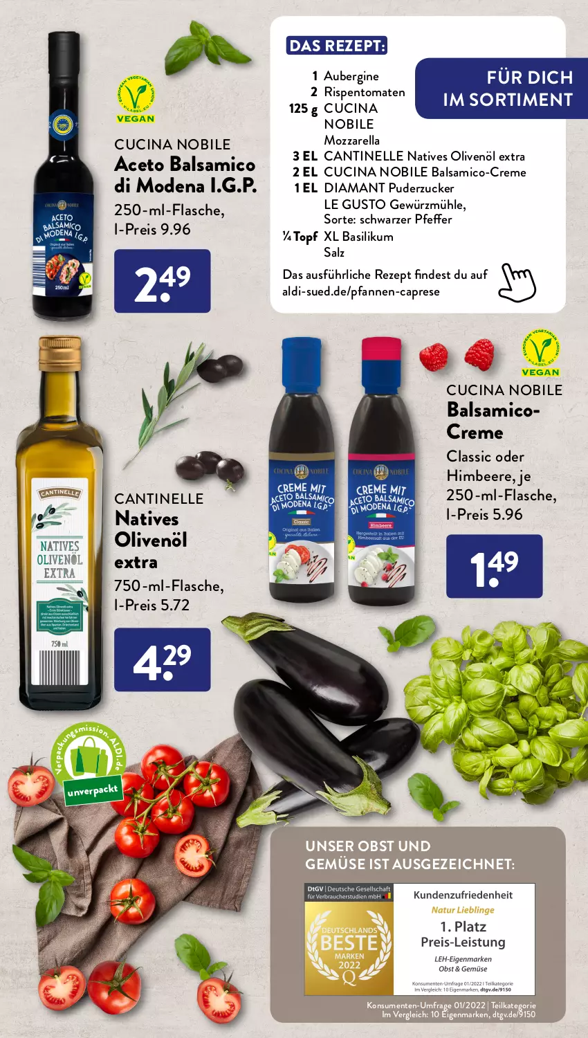 Aktueller Prospekt AldiSud - LA DOLCE VITA KANN SO ALDI SEIN. - von 01.08 bis 31.08.2022 - strona 11 - produkty: aceto, aceto balsamico, aldi, aubergine, auberginen, backofen, balsam, balsamico, basilikum, beere, Cap, ciabatta, cin, creme, eis, elle, ente, flasche, gewürz, Gewürzmühle, gin, himbeer, himbeere, Mode, mozzarella, natives olivenöl, nuss, obst, Obst und Gemüse, Ofen, olive, oliven, olivenöl, olivenöl extra, pfanne, pfannen, pfeffer, reis, rel, rezept, rispentomaten, salat, salz, sim, Ti, tomate, tomaten, topf, und gemüse, vorspeise, zucker