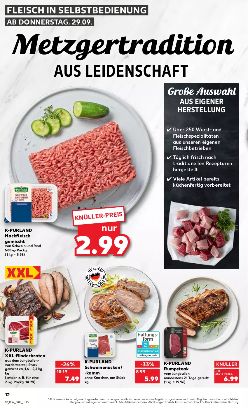 Aktueller Prospekt Kaufland - von 29.09 bis 05.10.2022 - strona 12 - produkty: angebot, braten, eis, elle, fleisch, fleisch in selbstbedienung, hackfleisch, hackfleisch gemischt, jungbullen, küche, Küchen, purland, rezept, rind, rinder, rinderbraten, rum, rumpsteak, schwein, schwein und rind, schweine, schweinenacken, Spezi, steak, Ti, wein, weine, wurst, ZTE