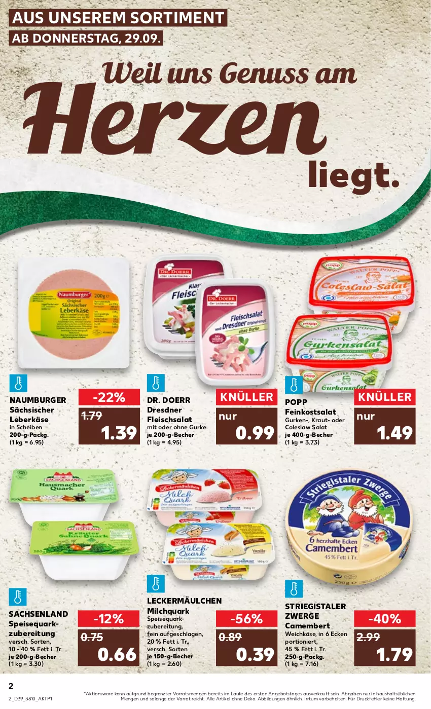 Aktueller Prospekt Kaufland - von 29.09 bis 05.10.2022 - strona 2 - produkty: angebot, Becher, burger, camembert, Coleslaw, eis, feinkost, fleisch, fleischsalat, gurke, gurken, Käse, Kraut, leberkäs, leberkäse, leckermäulchen, milch, nuss, Popp, quark, sac, salat, speisequark, Ti, weichkäse, ZTE