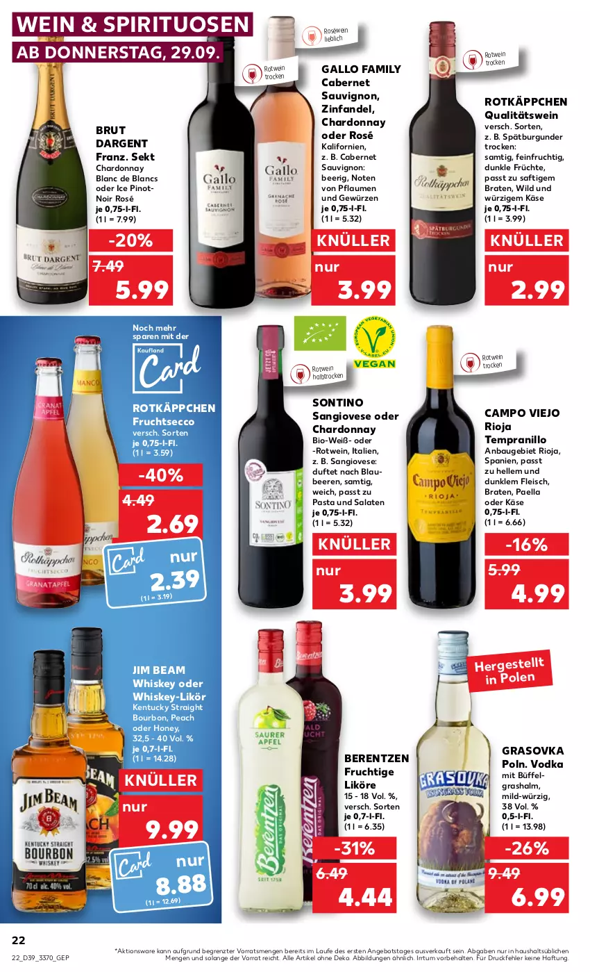 Aktueller Prospekt Kaufland - von 29.09 bis 05.10.2022 - strona 22 - produkty: angebot, Bau, beere, beeren, berentzen, bio, Blaubeer, blaubeere, bourbon, braten, brut, brut dargent, burgunder, cabernet, cabernet sauvignon, campo viejo, chardonnay, de blancs, ecco, eis, elle, fleisch, frucht, früchte, fruchtsecco, gallo, gallo family, gewürz, jim beam, Käse, kentucky straight, LG, likör, paella, pasta, pflaume, pflaumen, Pinot, qualitätswein, rioja, roséwein, rotkäppchen, rotwein, saft, salat, salate, sauvignon, sekt, spätburgunder, spirituosen, tempranillo, Ti, tuc, vodka, wein, whiskey, Wild, ZTE