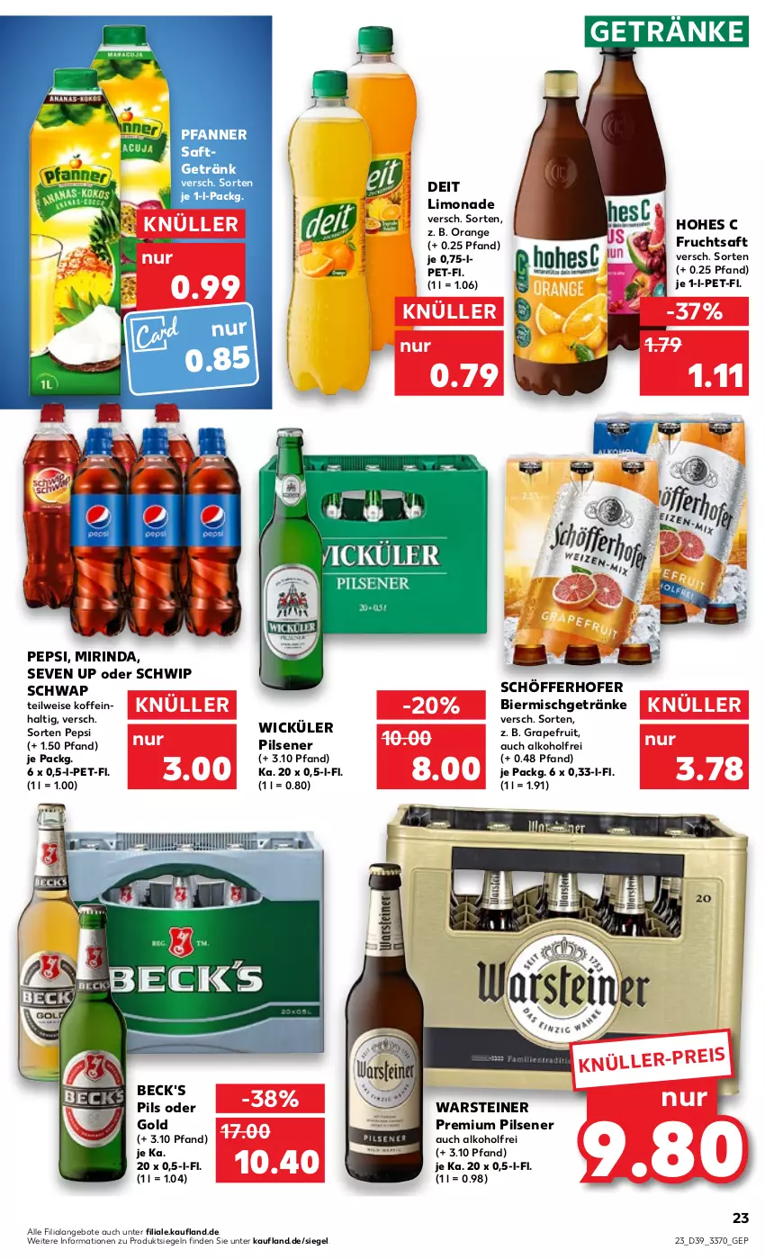 Aktueller Prospekt Kaufland - von 29.09 bis 05.10.2022 - strona 23 - produkty: alkohol, angebot, angebote, beck's, bier, deit, eis, frucht, fruchtsaft, getränk, getränke, grapefruit, Hohes C, limo, limonade, Mirinda, orange, pepsi, pfanne, Pfanner, pils, pilsener, premium pils, rind, saft, schöfferhofer, Schwip Schwap, steiner, Ti, warsteiner, WICK