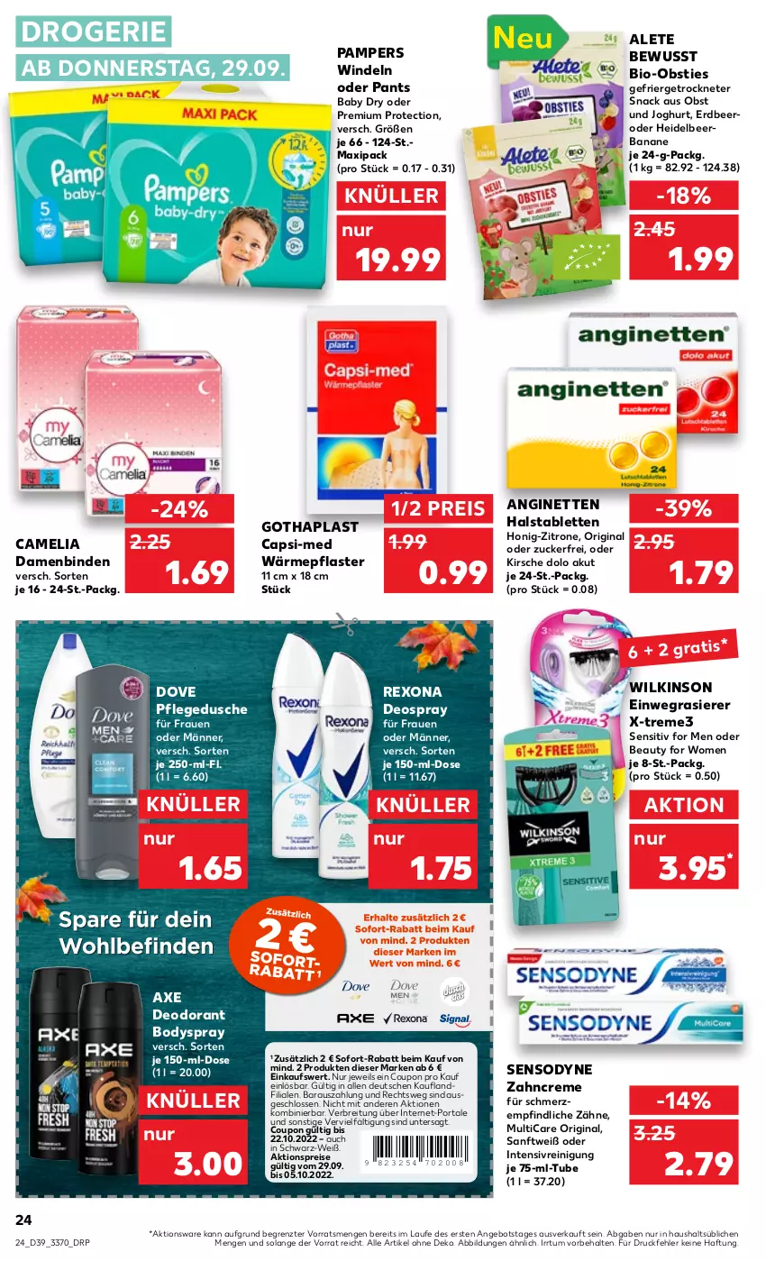 Aktueller Prospekt Kaufland - von 29.09 bis 05.10.2022 - strona 24 - produkty: aktionspreis, angebot, axe, banane, binden, bio, Bio-Obst, body, bodyspray, Brei, camelia, Cap, coupon, creme, Damenbinden, deo, deodorant, deospray, dove, dusche, einwegrasierer, eis, gin, honig, joghur, joghurt, kirsch, kirsche, obst, pampers, Pants, pflaster, pflegedusche, rasierer, Reinigung, reis, rexona, sensodyne, snack, sofort-rabatt, tablet, tablett, Tablette, Ti, wilkinson, windeln, windeln oder pants, zahncreme, zitrone, ZTE, zucker