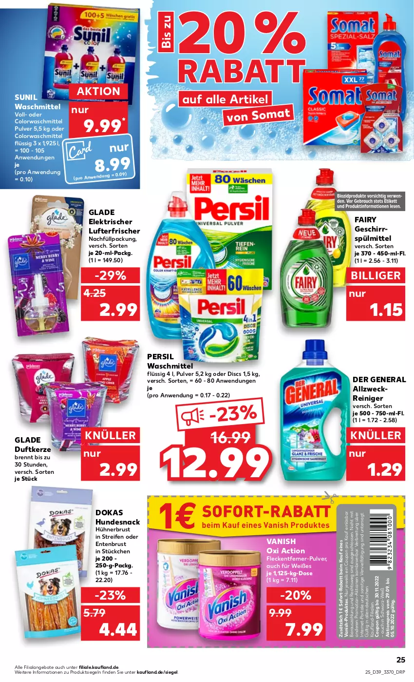 Aktueller Prospekt Kaufland - von 29.09 bis 05.10.2022 - strona 25 - produkty: aktionspreis, allzweckreiniger, angebot, angebote, Brei, colorwaschmittel, coupon, Duftkerze, eis, ente, Entenbrust, fairy, fleckentferner, geschirr, geschirrspülmittel, Glade, hühner, hundesnack, kerze, lufterfrischer, oxi action, persil, persil waschmittel, reifen, reiniger, reis, snack, sofort-rabatt, somat, spülmittel, sunil, Ti, vanish, vanish oxi action, waschmittel, weck