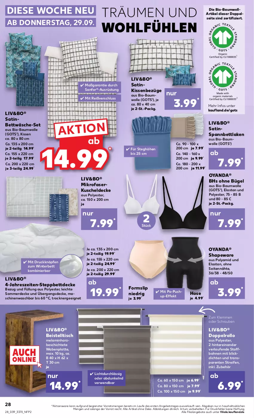 Aktueller Prospekt Kaufland - von 29.09 bis 05.10.2022 - strona 28 - produkty: angebot, angebote, Bau, baumwolle, beistelltisch, bett, bettwäsche, bio, bio-baumwolle, bügel, decke, doppelrollo, eis, ente, erde, Ergee, hose, kissen, kuscheldecke, latte, Laufen, mikrofaser, reifen, rwe, schrauben, slip, spannbettlaken, steppbett, Ti, tisch, Trockner, wolle, ZTE