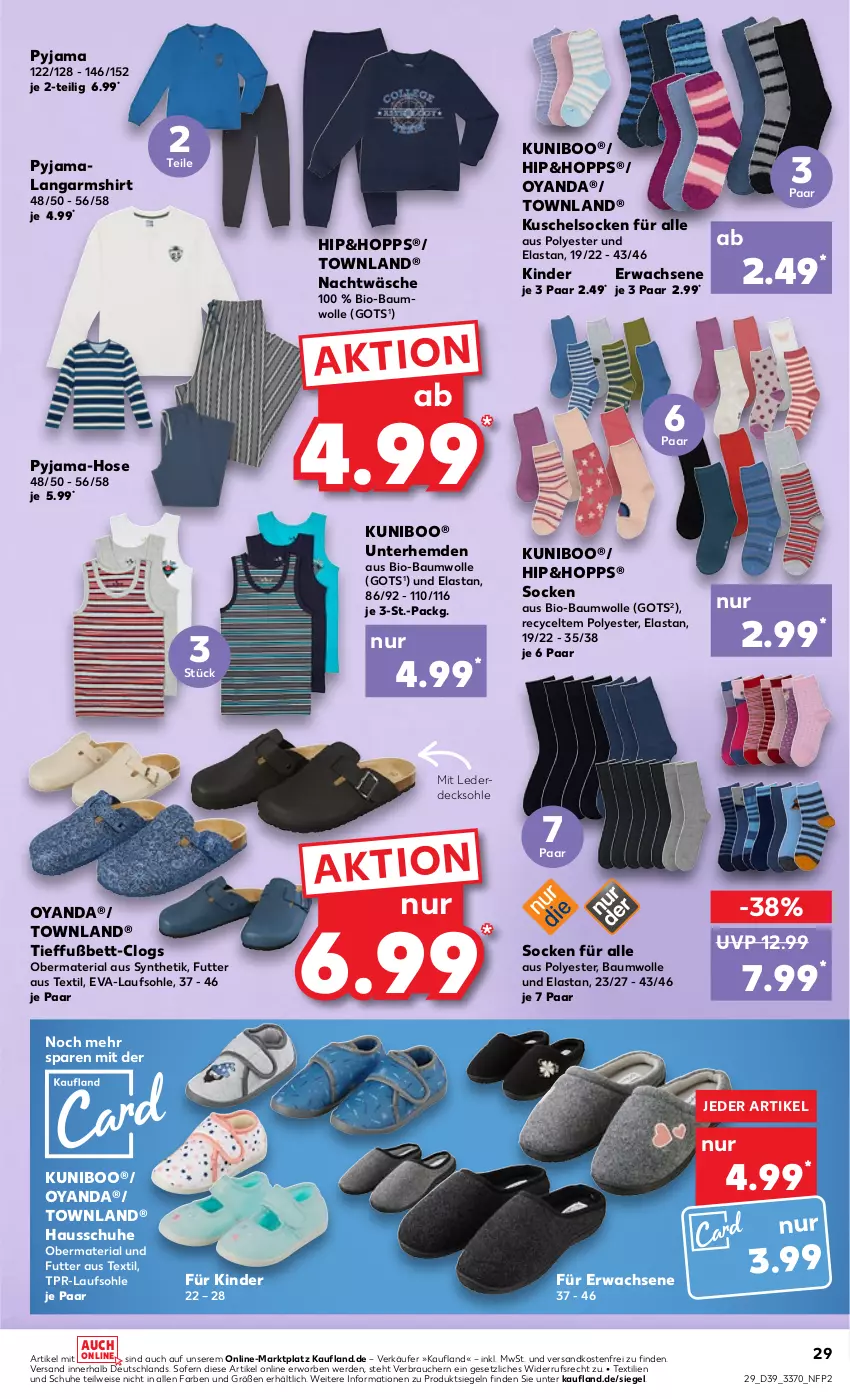 Aktueller Prospekt Kaufland - von 29.09 bis 05.10.2022 - strona 29 - produkty: Bau, baumwolle, bett, bio, bio-baumwolle, Clogs, decksohle, eis, erde, Hausschuhe, hemd, hemden, hose, Kinder, Kuschelsocken, Langarmshirt, ndk, Pyjama, Rauch, Ria, schuhe, shirt, socken, Ti, Unterhemd, unterhemden, versandkostenfrei, wolle