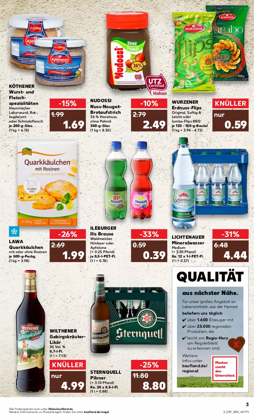 Aktueller Prospekt Kaufland - von 29.09 bis 05.10.2022 - strona 3 - produkty: Alwa, angebot, angebote, apfel, auer, aufstrich, beutel, brause, brot, brotaufstrich, burger, eis, erdnuss, fleisch, gin, haselnuss, Hausmacher, himbeer, jagdwurst, jumbo, kräuter, kräuterlikör, lebensmittel, leberwurst, lichtenauer, likör, mac, malz, Meister, mineralwasser, Mineralwasser Medium, Nudossi, nuss, ohne palmöl, pils, pilsner, quark, regal, Schmalz, Spezi, Ti, waldmeister, wasser, wilthener, wurst