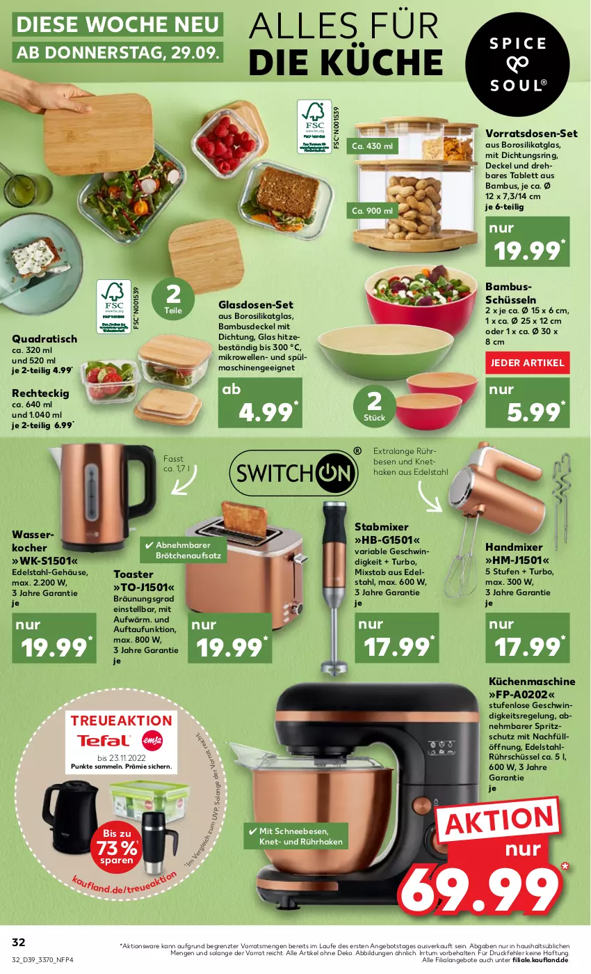 Aktueller Prospekt Kaufland - von 29.09 bis 05.10.2022 - strona 32 - produkty: angebot, angebote, bambus, brötchen, brötchenaufsatz, decke, Deckel, edelstahl, elle, handmixer, Kocher, küche, Küchen, küchenmaschine, mikrowelle, Mixer, quad, Ria, ring, Rührschüssel, Schneebesen, schüssel, Spritzschutz, spülmaschinen, stabmixer, tablet, tablett, Ti, tisch, toast, toaster, wasser, wasserkocher, ZTE