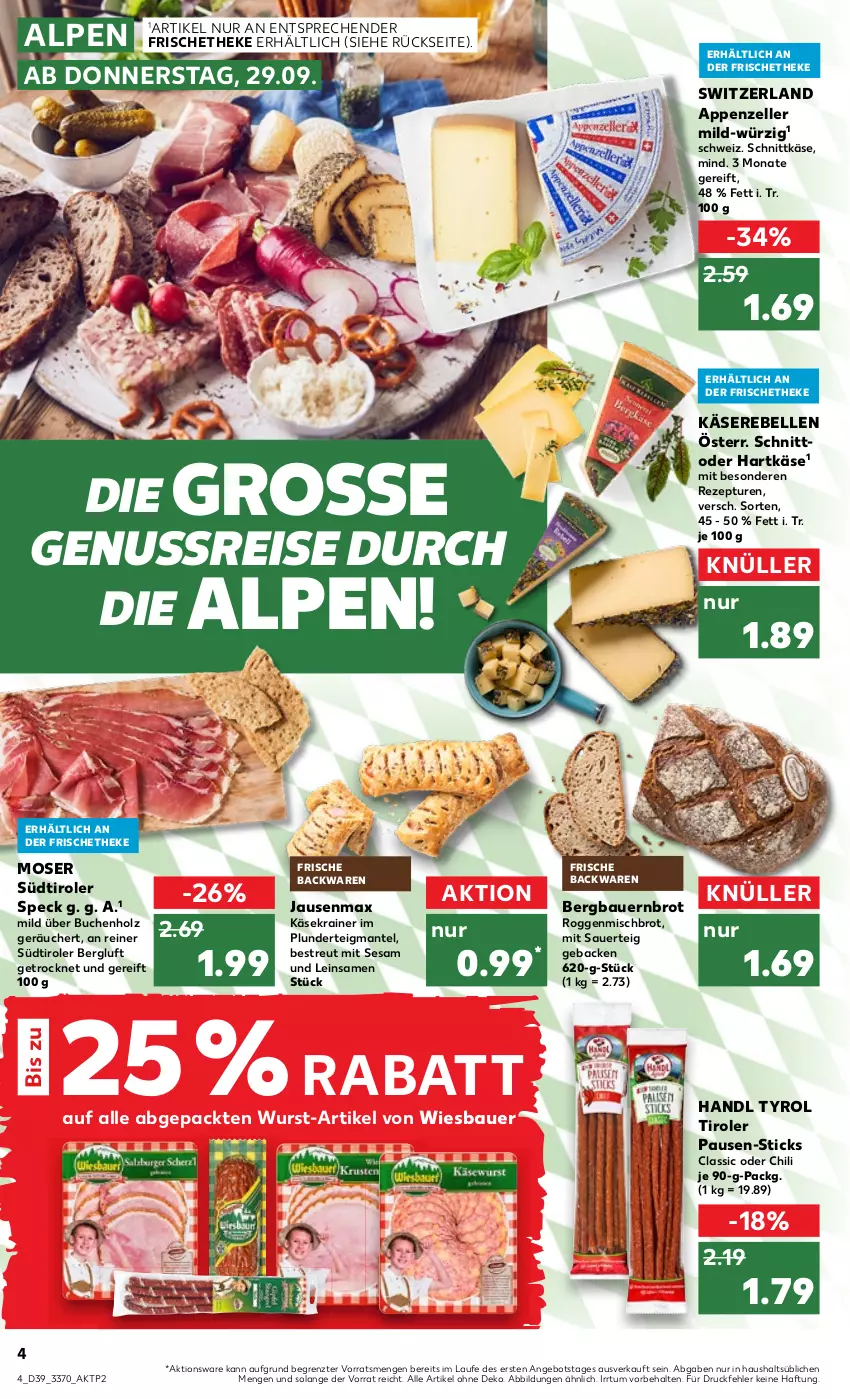 Aktueller Prospekt Kaufland - von 29.09 bis 05.10.2022 - strona 4 - produkty: angebot, appenzeller, auer, backwaren, Bau, Bauer, brot, buch, chili, eis, elle, frische backwaren, geback, hartkäse, Holz, Käse, Käsekrainer, Käserebellen, Mantel, moser, nuss, Plunder, rebell, reis, rezept, schnittkäse, sesam, Speck, südtiroler, Ti, wiesbauer, wurst, ZTE