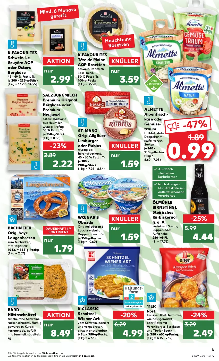 Aktueller Prospekt Kaufland - von 29.09 bis 05.10.2022 - strona 5 - produkty: almette, alpenfrischkäse, angebot, angebote, auer, aufstrich, Becher, Berger, Bergkäse, braten, burger, doppelrahmstufe, eier, frischkäse, gewürz, gin, hartkäse, Heu, Heujuwel, heumilch, Käse, Knödel, Knödelteig, Kürbis, kürbiskerne, Kürbiskernöl, Lauchzwiebel, lauchzwiebeln, LG, Limburger, mac, Mett, milch, natur, natura, obazda, Rubius, salat, salate, salz, SalzburgMilch, schnitzel, schwein, schweine, schweinerücken, Semmel, Semmelknödel, Speck, St. Mang, suppe, suppen, Tête de Moine, Ti, wein, weine, wiener, zwiebel, zwiebeln