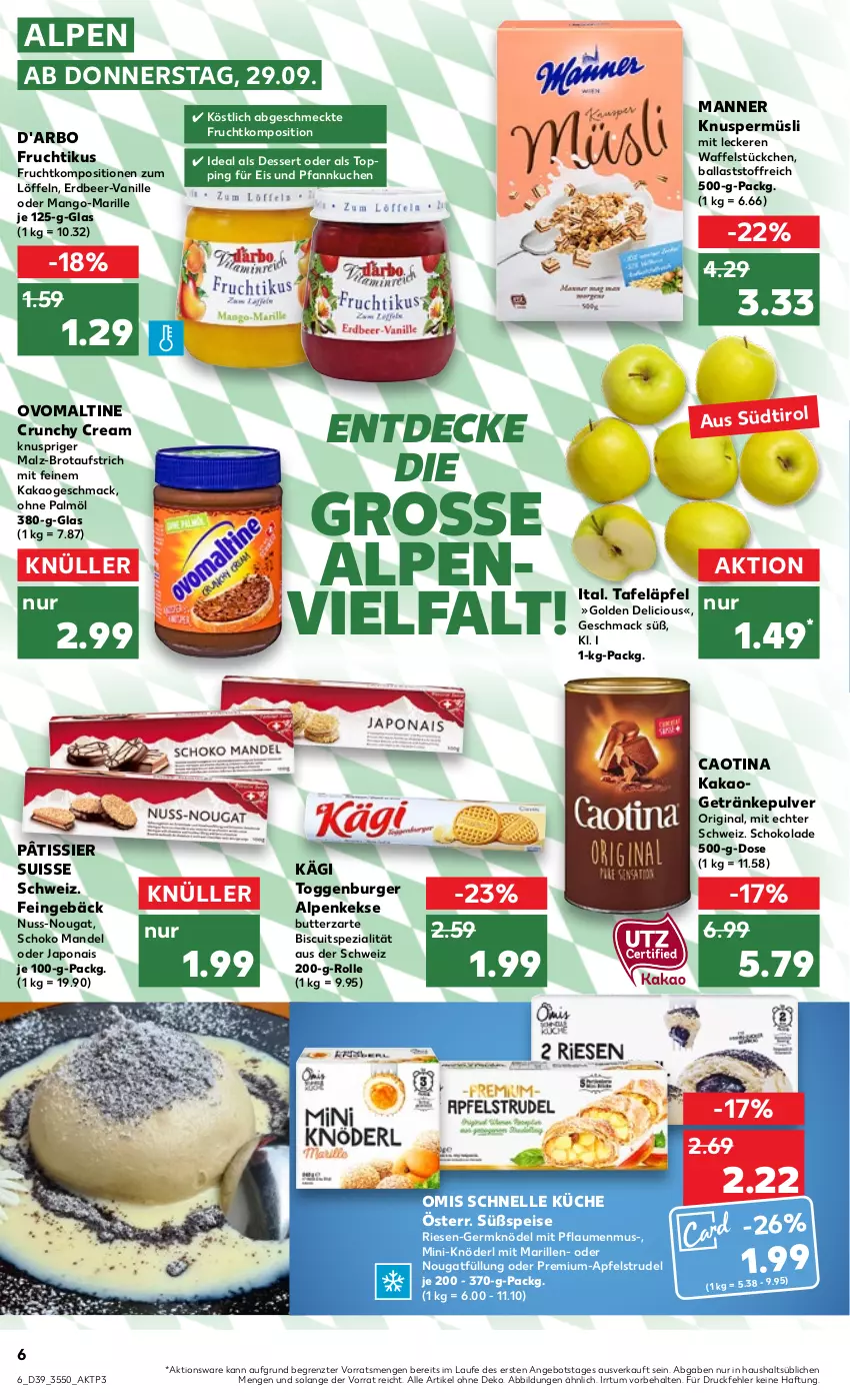 Aktueller Prospekt Kaufland - von 29.09 bis 05.10.2022 - strona 6 - produkty: angebot, apfel, Apfelstrudel, aufstrich, ball, brot, brotaufstrich, burger, butter, decke, dessert, eis, elle, frucht, Germ, getränk, getränke, getränkepulver, gin, Kägi, kakao, keks, kekse, Knödel, Knuspermüsli, küche, kuchen, Löffel, mac, malz, mandel, mango, Manner, müsli, nuss, ohne palmöl, ovomaltine, Pfannkuchen, pflaume, pflaumen, pflaumenmus, schoko, schokolade, Spezi, Strudel, tafeläpfel, Ti, vanille, ZTE