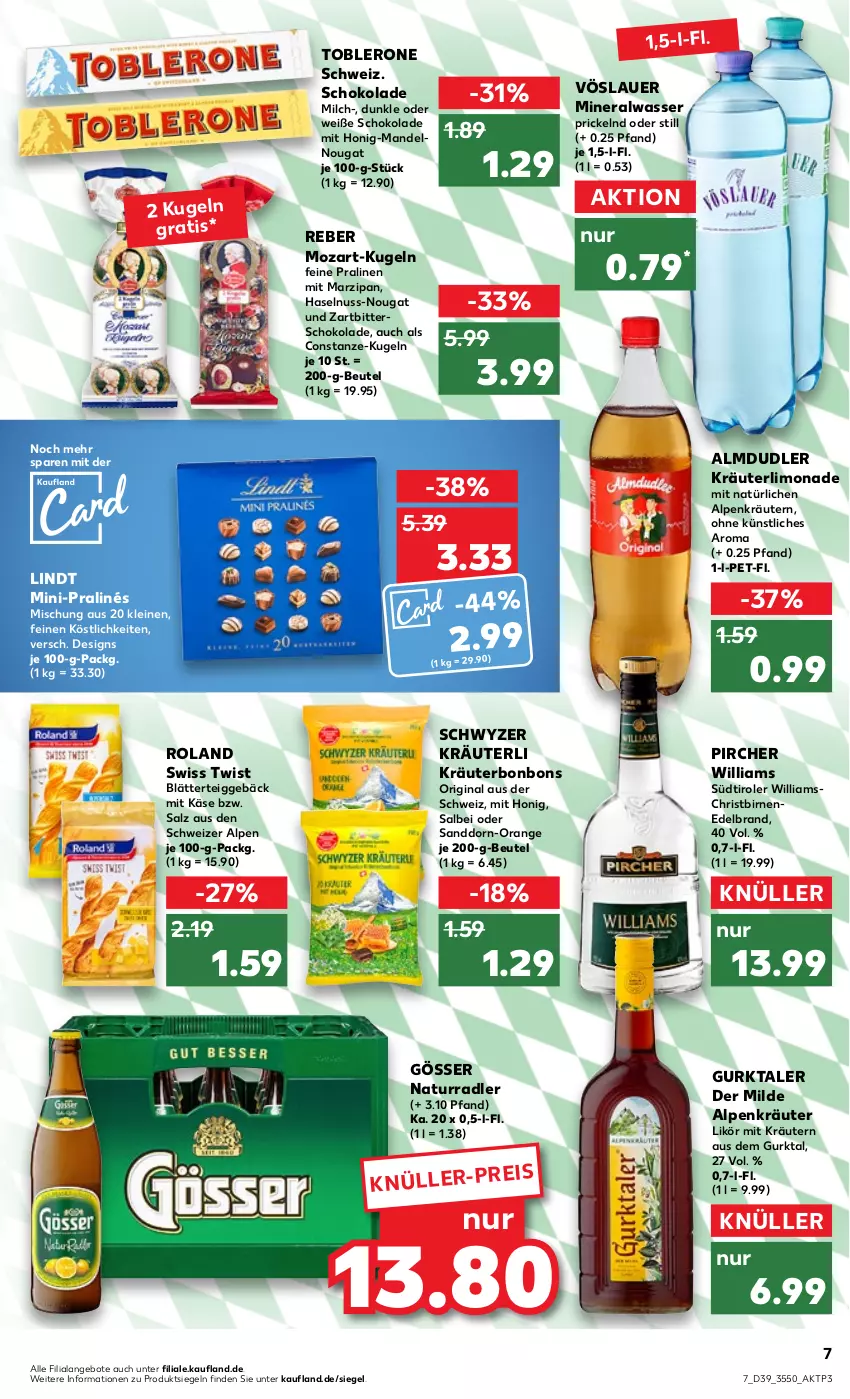 Aktueller Prospekt Kaufland - von 29.09 bis 05.10.2022 - strona 7 - produkty: almdudler, Alwa, angebot, angebote, auer, beutel, Birnen, blätterteig, blätterteiggebäck, bonbons, eis, gin, gösser, Gurktaler, haselnuss, honig, Käse, kräuter, kräutern, Kugel, leine, likör, limo, limonade, lindt, mandel, mandeln, marzipan, milch, mineralwasser, natur, nuss, orange, pircher, pralinen, radler, salz, sanddorn, schoko, schokolade, südtiroler, Ti, toblerone, vöslauer, wasser, Weiße Schokolade, Zartbitterschokolade