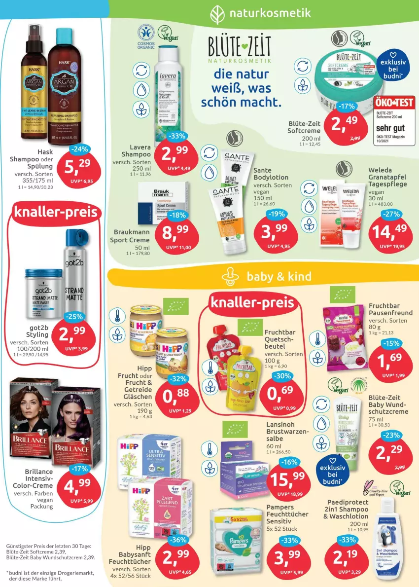 Aktueller Prospekt Budni - Prospekte - von 06.06 bis 11.06.2022 - strona 3 - produkty: apfel, beutel, bio, Blüte, body, bodylotion, brillance, creme, dip, eis, feuchttücher, frucht, grana, granatapfel, hipp, kosmetik, Lotion, mac, magazin, natur, naturkosmetik, pampers, Rana, reis, SANTE, Schutzcreme, senf, shampoo, sim, Softcreme, Sport, Tagespflege, Ti, tücher, Waschlotion, weleda, ZTE