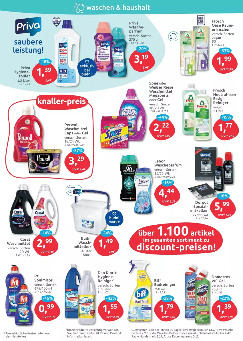 Aktueller Prospekt Budni - Prospekte - von 06.06 bis 11.06.2022 - strona 4 - produkty: Bad, biff, bio, biozidprodukte, Cap, Coral, discount, domestos, eis, elle, entkalker, essig, Frosch, hundesnack, hygienespüler, katzennahrung, megaperls, parfum, perwoll, pril, Rauch, reiniger, reis, ring, rwe, snack, spee, Spezi, spülmittel, teller, Ti, waschmittel, ZTE