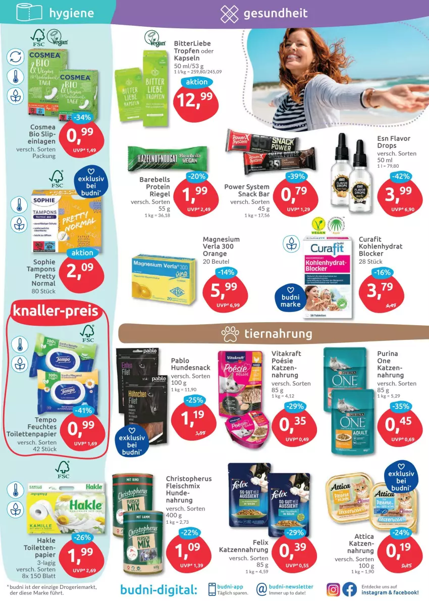 Aktueller Prospekt Budni - Prospekte - von 06.06 bis 11.06.2022 - strona 5 - produkty: beutel, bio, cosmea, decke, eis, elle, felix, fleisch, hakle, hundesnack, katzennahrung, kraft, lamm, magnesium, orange, papier, purina, rebell, rel, riegel, slip, snack, Tampon, tampons, Tempo, Ti, toilettenpapier, vita, vitakraft