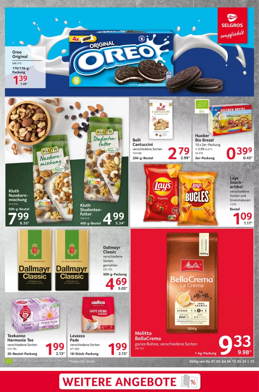 Aktueller Prospekt Selgros - Food - von 07.03 bis 13.03.2024 - strona 13 - produkty: beutel, bio, brezel, cantuccini, cin, dallmayr, ente, gin, huober, lavazza, mac, magnesium, nuss, oreo, snack, tee, teekanne, Ti, tuc, vita, Vitamine