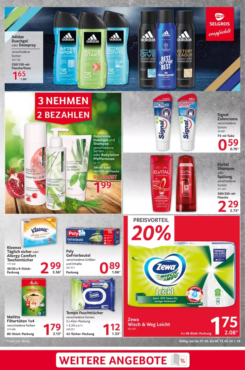 Aktueller Prospekt Selgros - Food - von 07.03 bis 13.03.2024 - strona 19 - produkty: Adidas, bambus, beutel, creme, deo, deospray, duschgel, eis, feuchttücher, flasche, gefrierbeutel, LG, melitta, minze, natur, natura, oder deospray, pely, pfeffer, pfefferminze, preisvorteil, reis, shampoo, Tasche, taschen, taschentücher, tee, Tempo, Ti, tücher, Tüte, zahncreme