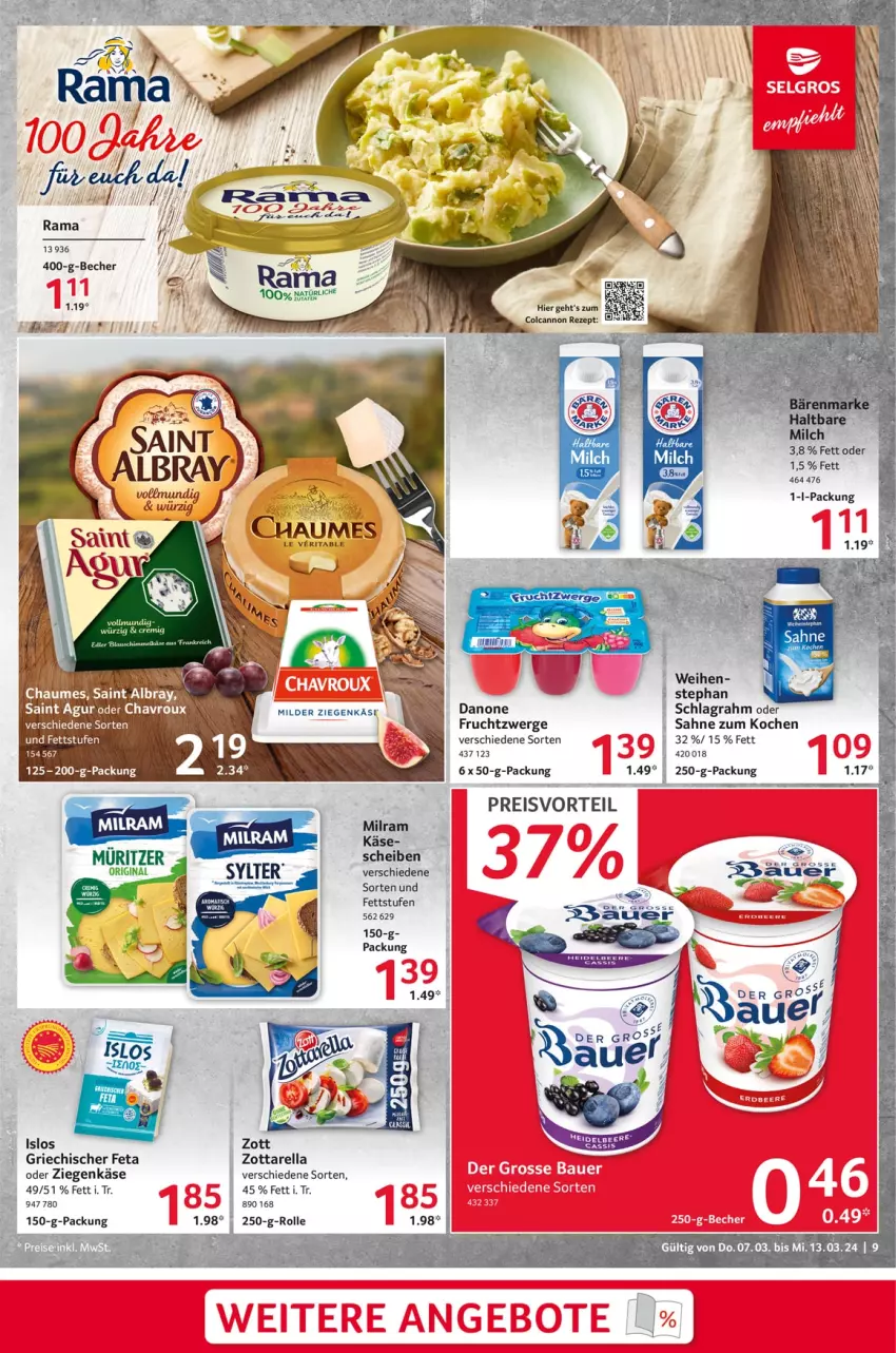 Aktueller Prospekt Selgros - Food - von 07.03 bis 13.03.2024 - strona 9 - produkty: Becher, danone, eier, eis, feta, frucht, fruchtzwerge, gin, Käse, milram, preisvorteil, rama, reis, rel, rezept, sahne, Saint Agur, schlagrahm, Sylter, Ti, ziegenkäse, zott, zottarella