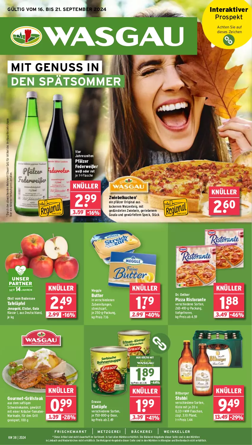 Aktueller Prospekt Wasgau - von 16.09 bis 21.09.2024 - strona 1 - produkty: angebot, angebote, auer, bitburger, Brei, burger, butter, Dr. Oetker, eintöpfe, eis, elle, ente, erasco, flasche, gewürz, gin, gouda, grill, je 250-g-packung, kräuter, kuchen, marinade, meggle, mw-flasche, nuss, obst, pizza, reis, ristorante, rwe, saft, schwein, schweine, Speck, steak, Streichzart, tafeläpfel, Ti, tomate, tomaten, wein, weine, würfel, zwiebel, zwiebeln