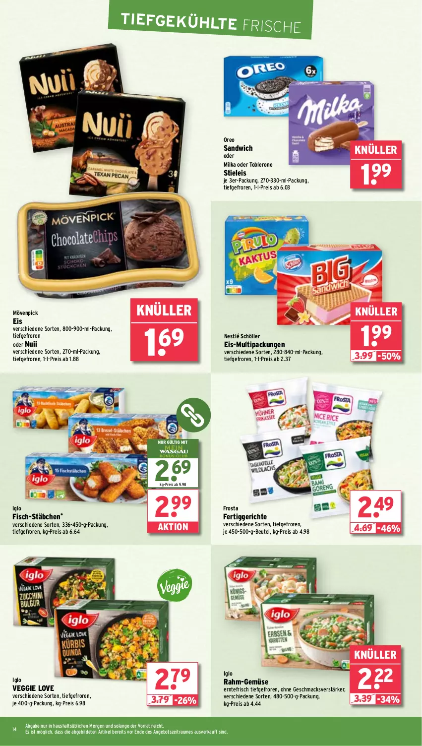 Aktueller Prospekt Wasgau - von 16.09 bis 21.09.2024 - strona 14 - produkty: angebot, beutel, eis, fertiggericht, fertiggerichte, fisch, frosta, iglo, mac, milka, mövenpick, mövenpick eis, nestlé, nestlé schöller, nuii, oreo, rahm-gemüse, reis, sandwich, Schöller, stieleis, Ti, toblerone, veggie, Veggie Love