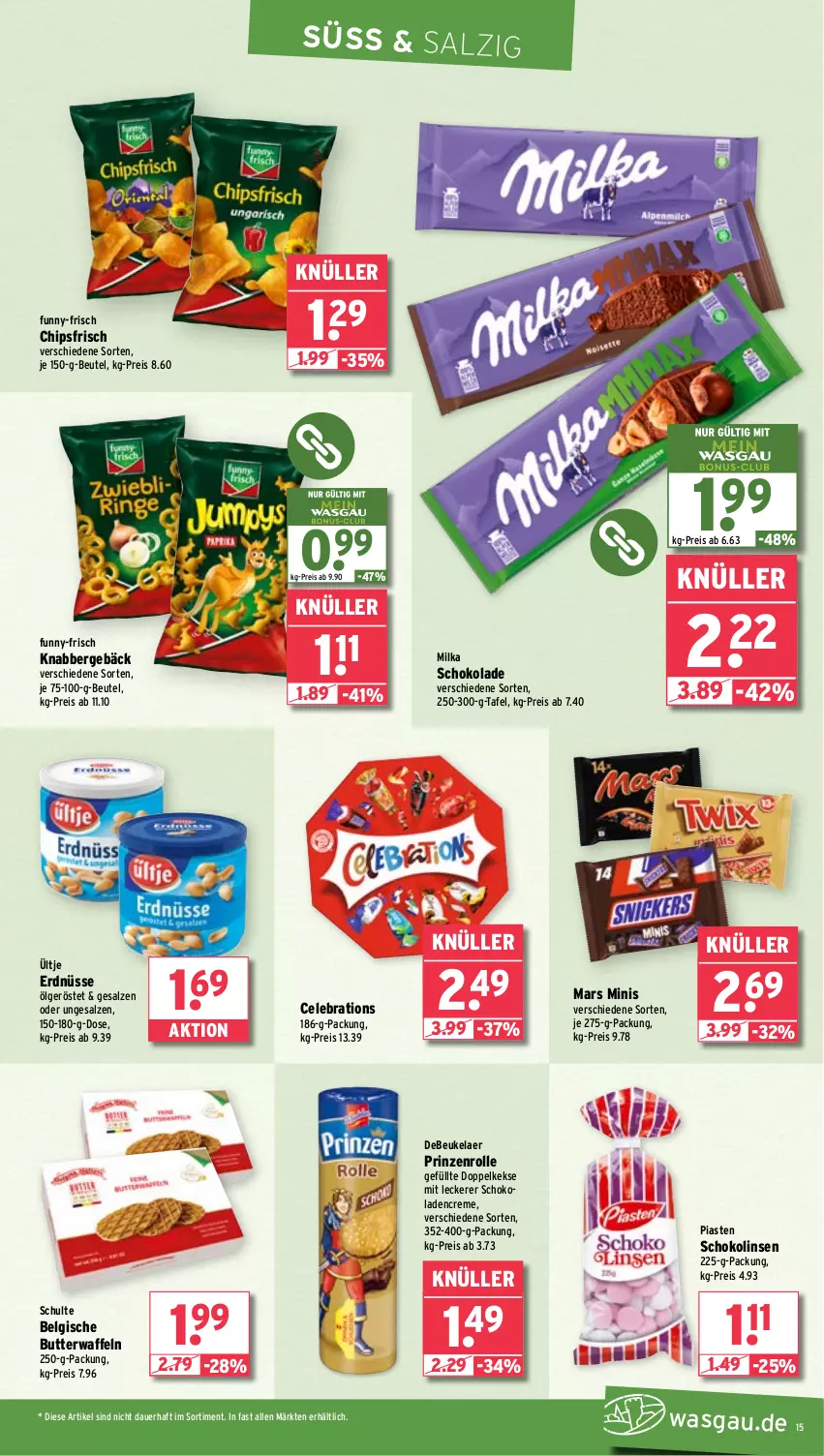 Aktueller Prospekt Wasgau - von 16.09 bis 21.09.2024 - strona 15 - produkty: auer, beutel, butter, chips, chipsfrisch, creme, debeukelaer, Doppelkekse, eis, erdnüsse, funny-frisch, keks, kekse, LG, linsen, mars, milka, milka schokolade, prinzenrolle, reis, salz, schoko, schokolade, schokoladen, Schokolinsen, Ti, ültje, ültje erdnüsse, waffeln