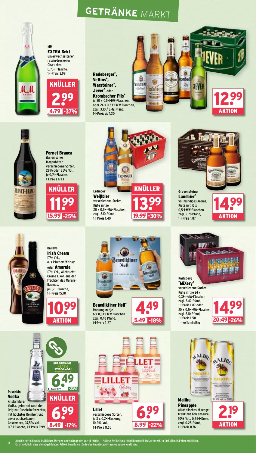 Aktueller Prospekt Wasgau - von 16.09 bis 21.09.2024 - strona 18 - produkty: alkohol, amarula, angebot, Apple, auer, baileys, Bau, Benediktiner, Berger, bier, creme, eis, erdinger, Fernet, fernet branca, flasche, frucht, früchte, früchten, getränk, getränke, gin, grevensteiner, irish cream, jever, karlsberg, krombache, krombacher, krombacher pils, likör, lillet, mac, Malibu, Mixer, mixery, mm extra, mw-flasche, pils, puschkin vodka, radeberger, reis, rezept, rwe, sekt, steiner, Ti, veltins, vodka, warsteiner, whisky, Wild