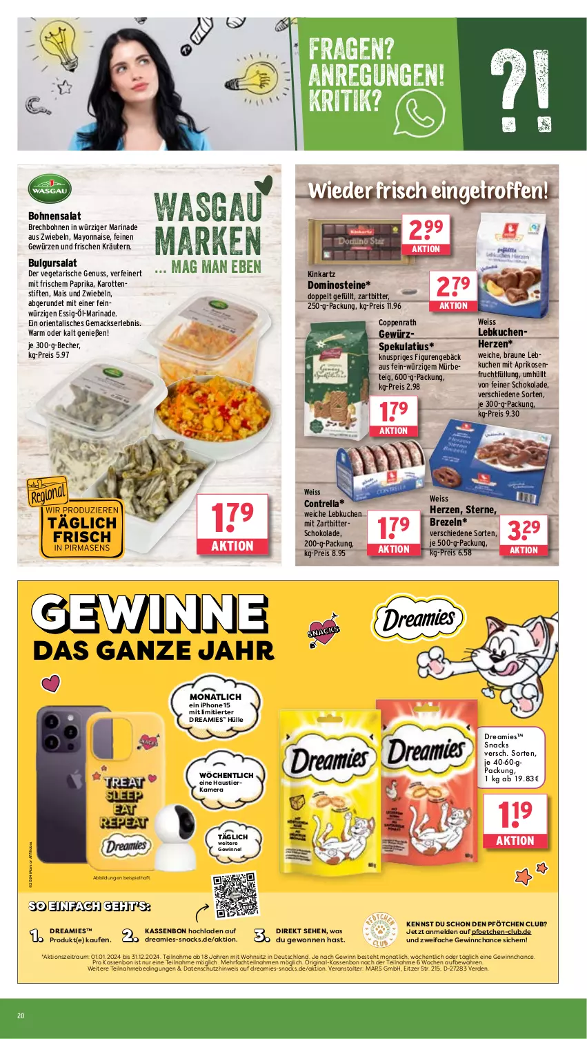 Aktueller Prospekt Wasgau - von 16.09 bis 21.09.2024 - strona 20 - produkty: aprikose, aprikosen, aust, Becher, bohne, bohnen, Bohnensalat, braun, brezel, Brezeln, bulgur, coppenrath, Dominosteine, dreamies, eis, erde, essig, frucht, gewürz, gin, iphone, kamera, karotten, kräuter, kräutern, kuchen, Lebkuchen, LG, mac, mais, marinade, mars, mayonnaise, nuss, paprika, reis, rel, salat, schoko, schokolade, senf, snack, snacks, Stier, stifte, Ti, Vegeta, Yo, Zartbitterschokolade, zwiebel, zwiebeln