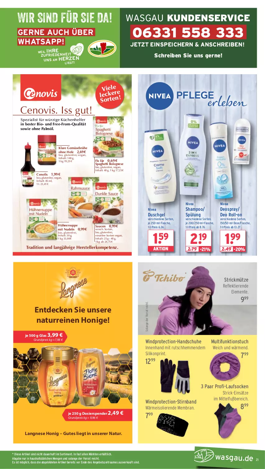 Aktueller Prospekt Wasgau - von 16.09 bis 21.09.2024 - strona 21 - produkty: angebot, auer, bio, bolognese, Brühe, decke, deo, deo roll-on, deospray, duschgel, eis, elle, ente, flasche, Gemüsebrühe, handschuhe, Hefe, honig, hühner, Hühnersuppe, küche, Küchen, Küchenhelfer, langnese, Laufsocken, Mütze, natur, nivea, nudel, nudeln, ohne palmöl, reis, roll-on, sauce, saucen, schuhe, shampoo, socken, spaghetti, spaghetti bolognese, Spezi, spülung, suppe, teller, Ti, Tiere, tuc