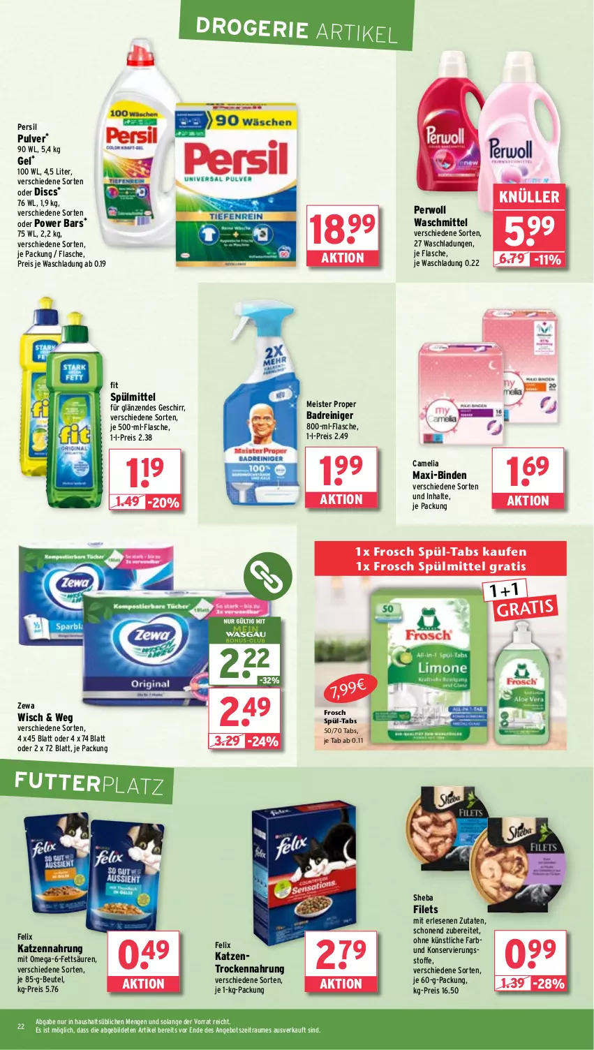 Aktueller Prospekt Wasgau - von 16.09 bis 21.09.2024 - strona 22 - produkty: angebot, Bad, beutel, binden, camelia, eis, felix, filet, filets, flasche, Frosch, geschirr, je 500-ml-flasche, katzennahrung, Meister, meister proper, omega, persil, perwoll, reiniger, reis, sheba, spülmittel, Ti, Trockennahrung, waschmittel, zewa