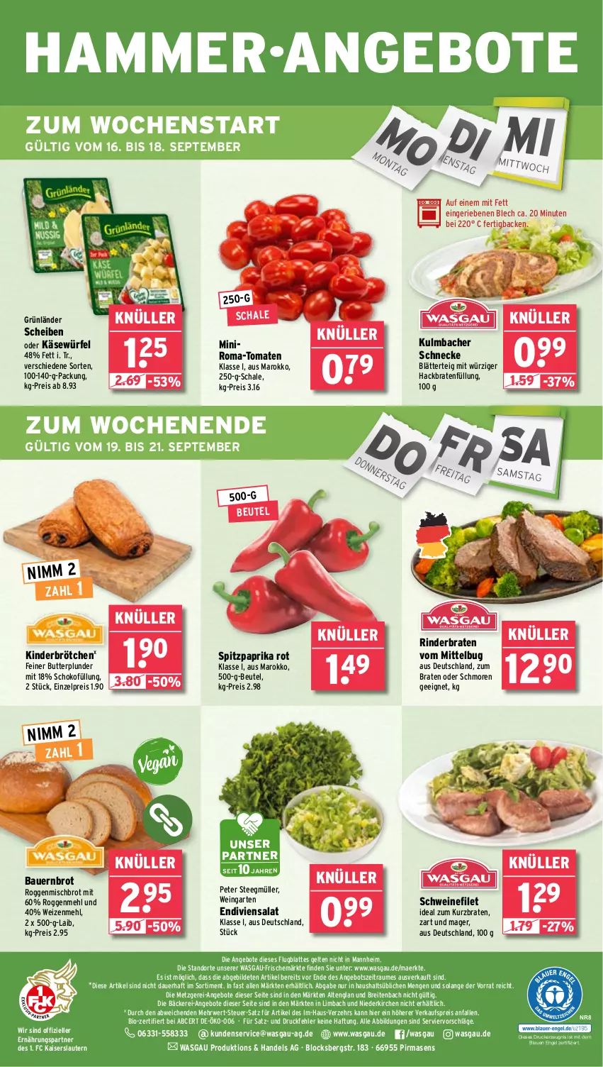 Aktueller Prospekt Wasgau - von 16.09 bis 21.09.2024 - strona 24 - produkty: angebot, angebote, auer, Bau, Bauer, beutel, bio, blätterteig, braten, Brei, brot, brötchen, butter, drucker, eis, elle, Engel, filet, Garten, grünländer, Kaiser, Käse, kerze, Kinder, latte, mehl, Müller, Nimm 2, paprika, paprika rot, Plunder, reis, rind, rinder, rinderbraten, rwe, salat, Schal, Schale, schoko, schwein, schweine, schweinefilet, Spitzpaprika, tee, Ti, tomate, tomaten, wein, weine, weizenmehl, würfel