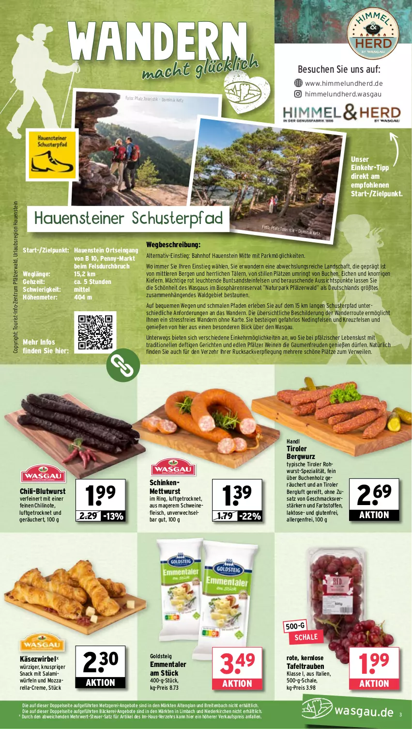 Aktueller Prospekt Wasgau - von 16.09 bis 21.09.2024 - strona 3 - produkty: angebot, angebote, Bergwurz, bio, Brei, buch, chili, creme, eis, elle, emmentaler, fleisch, goldsteig, Holz, Käse, Käsezwirbel, knorr, Leuchte, leuchten, mac, Mett, mettwurst, mozzarella, natur, reis, rel, ring, Rohwurst, rucksack, rum, rwe, sac, salami, Schal, Schale, schinken, schwein, schweine, schweinefleisch, snack, Spezi, steiner, tafeltrauben, Ti, trauben, wein, weine, würfel, wurst