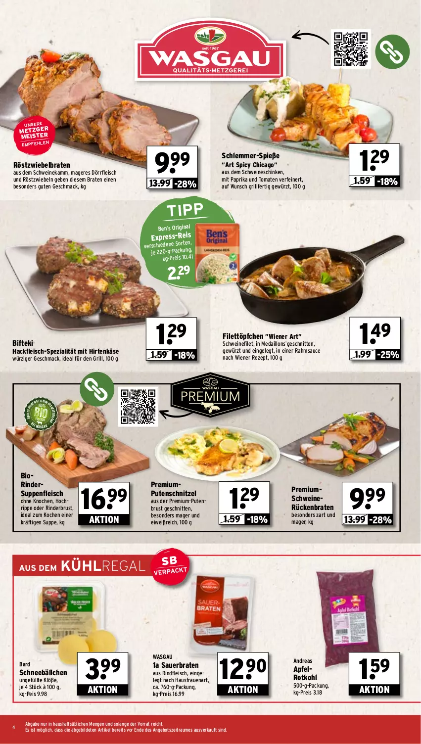 Aktueller Prospekt Wasgau - von 16.09 bis 21.09.2024 - strona 4 - produkty: angebot, apfel, auer, Ben’s Original, Bifteki, bio, braten, eis, express-reis, filet, fleisch, gewürz, gin, grill, hackfleisch, hirtenkäse, Käse, kühlregal, mac, medaillons, Meister, mit paprika, paprika, pute, putenbrust, putenschnitzel, regal, reis, rezept, rind, rinder, rindfleisch, röstzwiebeln, rotkohl, Rückenbraten, sauce, schinken, schnitten, schnitzel, schwein, schweine, schweinefilet, schweinerücken, Spezi, suppe, suppen, suppenfleisch, Ti, tomate, tomaten, Töpfchen, wein, weine, wiener, zwiebel, zwiebeln