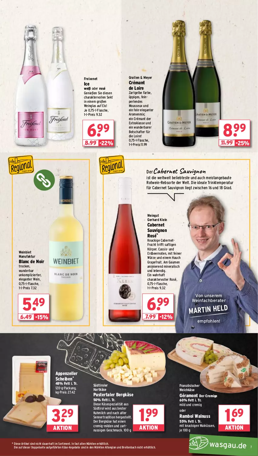 Aktueller Prospekt Wasgau - von 16.09 bis 21.09.2024 - strona 7 - produkty: angebot, angebote, appenzeller, auer, Bau, Bergkäse, Brei, cabernet, cabernet sauvignon, cassis, crémant de loire, eis, elle, Faktu, flasche, französischer weichkäse, freixenet, frucht, géramont, grapefruit, hartkäse, Käse, mac, milch, mousse, nuss, perlen, reis, rotwein, saft, sauvignon, sekt, Spezi, südtiroler, Ti, walnuss, weichkäse, wein