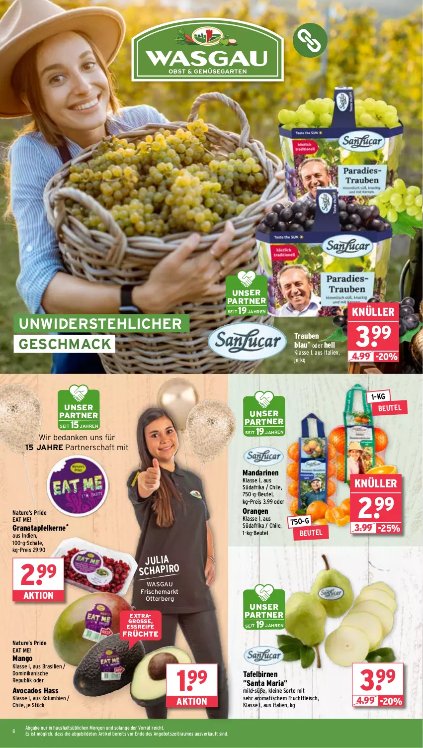 Aktueller Prospekt Wasgau - von 16.09 bis 21.09.2024 - strona 8 - produkty: angebot, apfel, avocado, avocados, beutel, Birnen, eis, fleisch, frucht, früchte, fruchtfleisch, grana, granatapfel, granatapfelkerne, leine, mac, mandarine, mandarinen, mango, natur, orange, orangen, Rana, reis, Ria, Schal, Schale, tafelbirnen, Ti, tisch, trauben