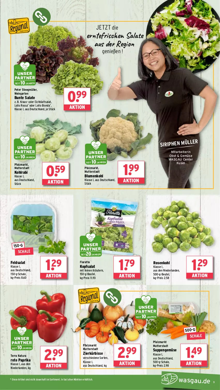 Aktueller Prospekt Wasgau - von 16.09 bis 21.09.2024 - strona 9 - produkty: auer, beutel, bio, blume, blumen, blumenkohl, bunte salate, Eichblattsalat, eis, ente, feldsalat, florette, Garten, kohlrabi, kopfsalat, kräuter, kräutern, Kürbis, Müller, natur, natura, obst, paprika, reis, rosen, Rosenkohl, salat, salate, Schal, Schale, suppe, suppen, tee, Ti, wein