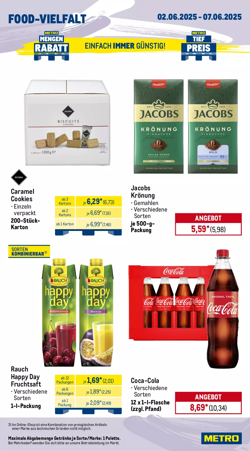 Aktueller Prospekt Metro - Wochen-Angebote Gastro - von 02.06 bis 07.06.2025 - strona 13 - produkty: angebot, caramel, coca-cola, cola, cookie, cookies, creme, eimer, eis, flasche, frucht, fruchtsaft, getränk, getränke, gin, Happy Day, homann, jacobs, jacobs krönung, mayonnaise, meica, Nougatcreme, nuss, nutella, olive, oliven, olivenöl, Palette, Rauch, reis, saft, salat, Ti, tiefpreis, würstchen, Yo