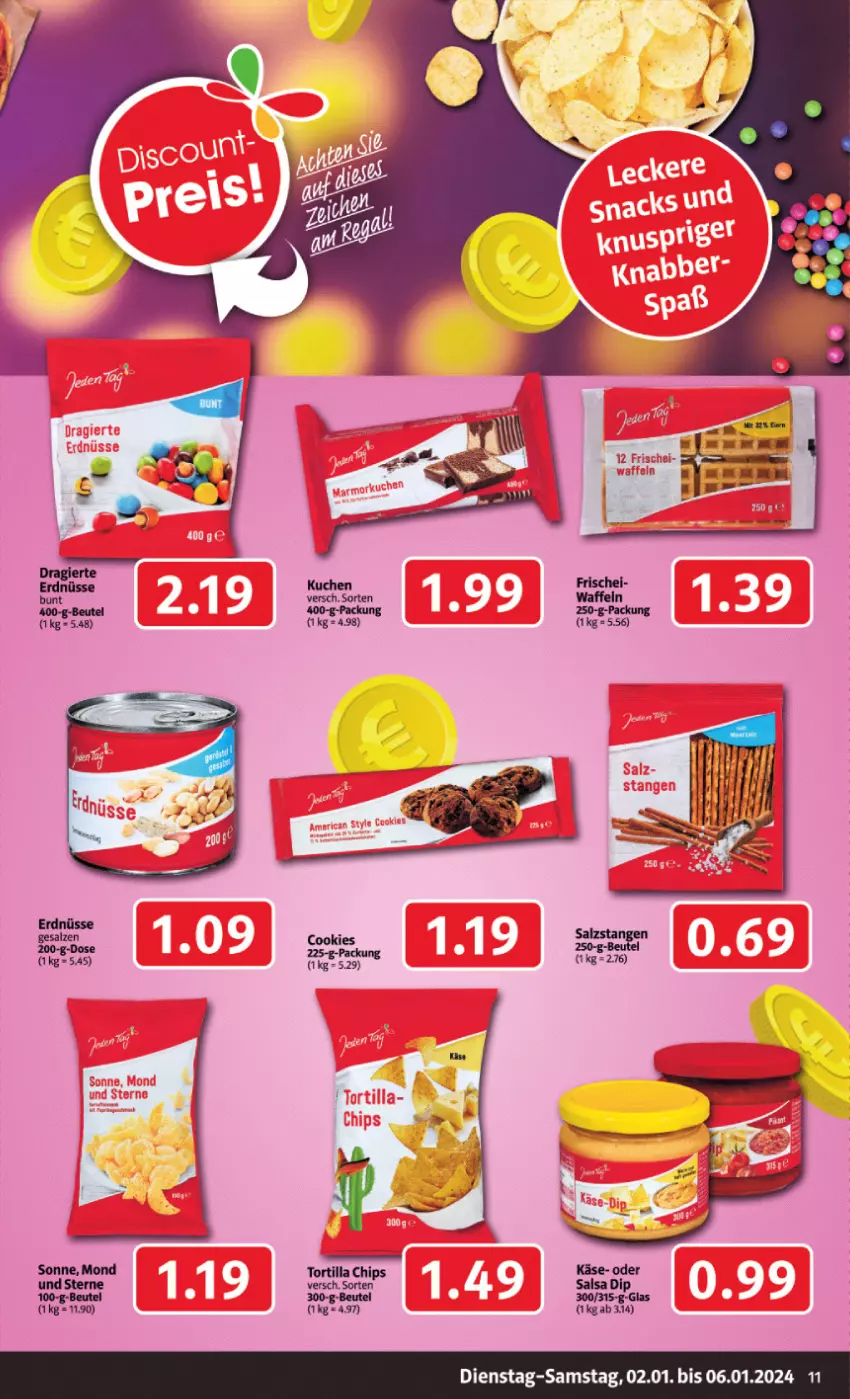 Aktueller Prospekt Markant - Prospekte - von 02.01 bis 06.01.2024 - strona 11 - produkty: beutel, cookie, cookies, dip, erdnüsse, Käse, kuchen, Salsa, salz, Ti, tortilla, waffeln