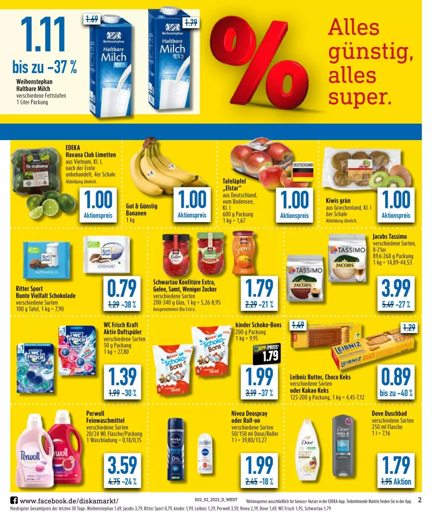 Aktueller Prospekt Diska - Prospekte - von 27.12 bis 31.12.2022 - strona 2 - produkty: aktionspreis, Bad, banane, bananen, bio, butter, deka, deo, deospray, dove, duschbad, eis, feinwaschmittel, flasche, gelee, haltbare milch, Havana Club, jacobs, jacobs tassimo, kakao, keks, Kinder, kiwi, konfitüre, konfitüre extra, kraft, leibniz, limette, limetten, Mett, metten, milch, nivea, nuss, perwoll, reis, ritter, ritter sport, roll-on, Roller, Schal, Schale, schoko, schokolade, Schwartau, sim, Sport, tafeläpfel, tassimo, Ti, waschmittel, wc frisch, WC Frisch Kraft Aktiv, weihenstephan, ZTE, zucker