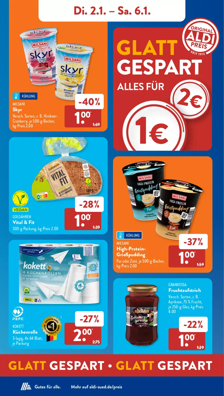 Aktueller Prospekt AldiSud - NÄCHSTE WOCHE - von 02.01 bis 06.01.2023 - strona 10 - produkty: aldi, aprikose, aufstrich, Becher, cranberry, eis, frucht, fruchtaufstrich, grandessa, Grießpudding, himbeer, küche, Küchen, küchenrolle, pudding, reis, Skyr, vita