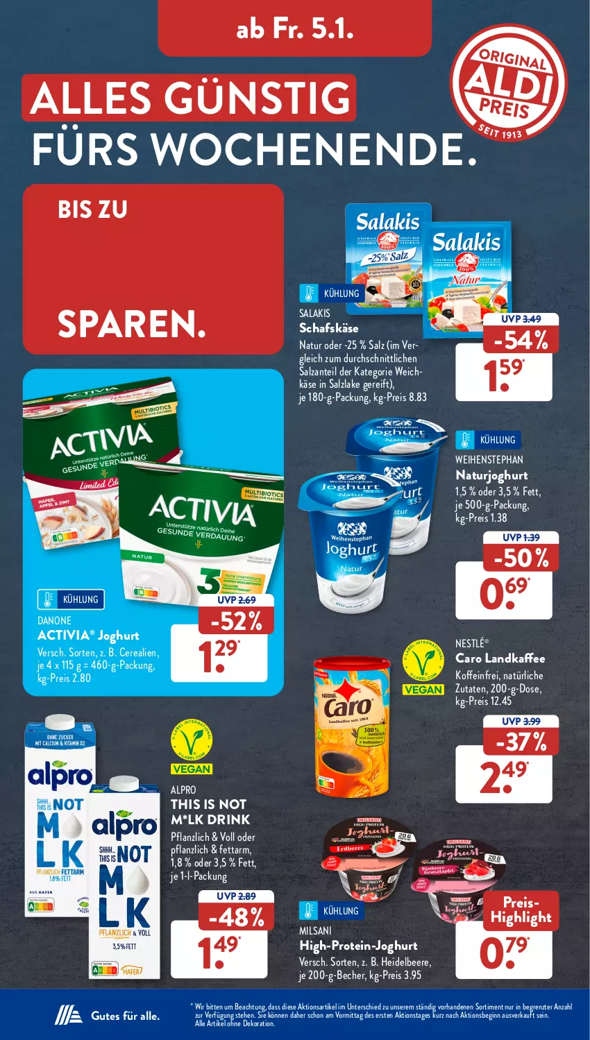 Aktueller Prospekt AldiSud - NÄCHSTE WOCHE - von 02.01 bis 06.01.2023 - strona 29 - produkty: activia, alle artikel ohne dekoration, alpro, Becher, beere, cerealien, danone, danone activia, dekoration, drink, eis, gin, heidelbeere, joghur, joghurt, kaffee, Käse, natur, naturjoghurt, ndk, nestlé, reis, salakis, salz, schafskäse, Ti, weichkäse, weihenstephan, ZTE